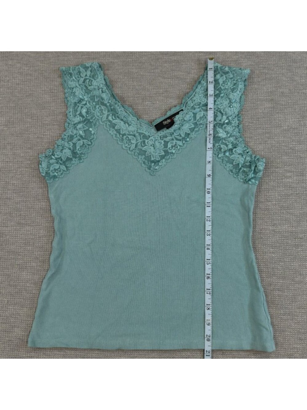 Style & Co Lace Trim Tank Top Womens Size M Teal V-Neck Stretch Rayon Layering - Picture 9 of 11
